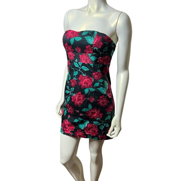 Vintage 90s Strapless Mini Dress Size L/10 - Vibrant Rose Floral Print Black - Picture 8 of 12